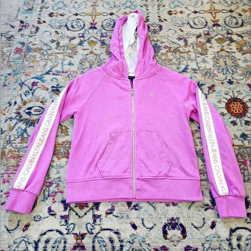 Calvin Klein Jeans Pink Zip Hoodie, Side Pockets, Logo Arms sz Medium (8-10)